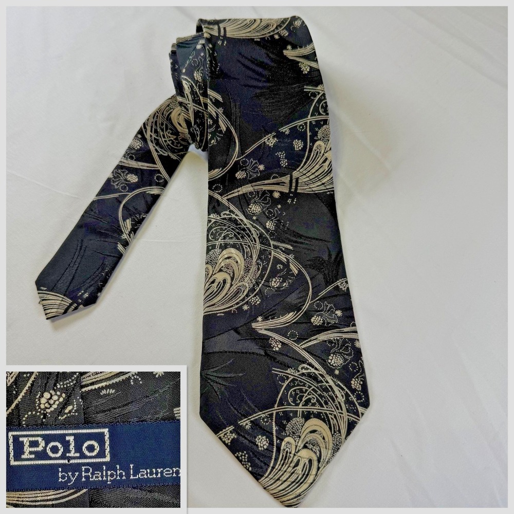 Vintage Polo Ralph Lauren Designer Tie Abstract Waves Silk Necktie Made In‎ USA